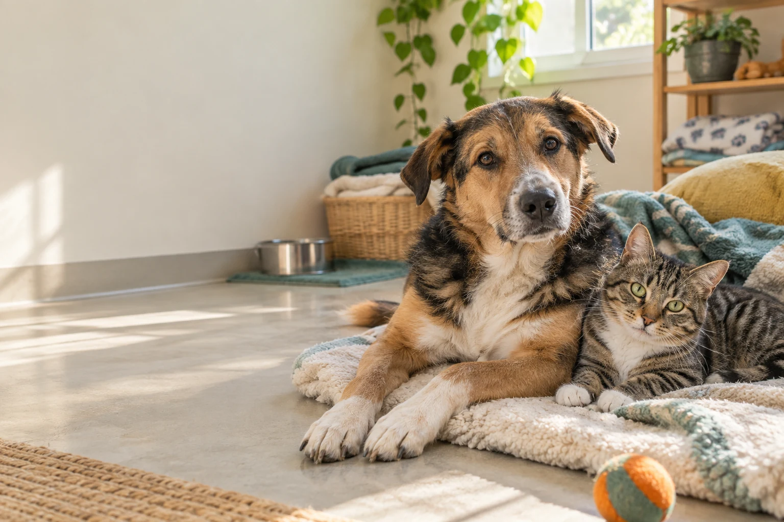 A rescued dog and cat resting safely together